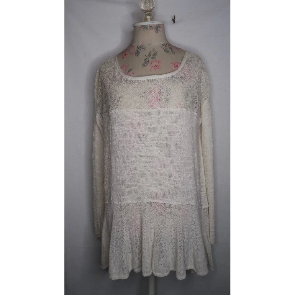 Free People Lace Knit Tunic Sweater Women's S Cream Boho Flowy Coquette Top